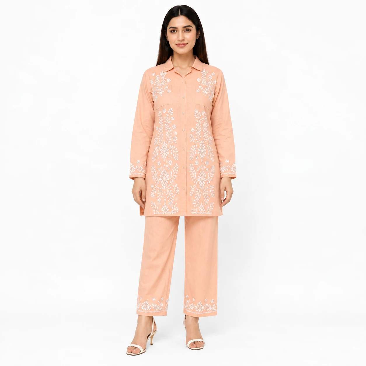 Pansho Chikankari work on top & pyjama 2 PC Co-ord Set - Peach