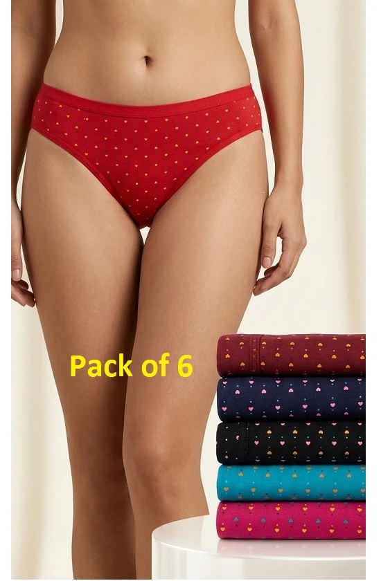 Pure Cotton Panty (Pack of 6) for Women/ Girls, Heart ❤︎ Printed Briefs, Ladies Hipster Panties, Soft Cotton Printed Panties for Woman/Girl/Lady