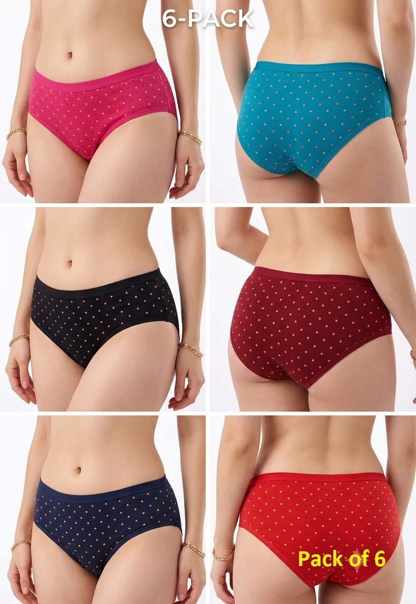 Pure Cotton Panty (Pack of 6) for Women/ Girls, Colourful Dot ⚫ Printed Brief, Ladies Hipster Panties, Soft Cotton Printed Panties for Woman/Girl/Lady