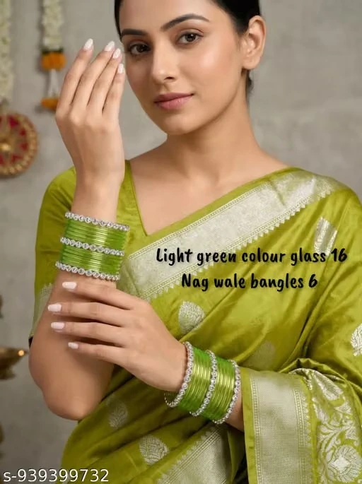 Elegant Light green colour Glass chudi Set of 16 with Stone Work bangle set of 6 Traditional Nag Wale Chudi for Women & Girls.