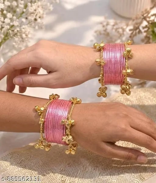 Stylish Pink Transparent Bangles Set with Golden Ghungroo Charm – Traditional & Party Wear Kada Set for Women & Girls