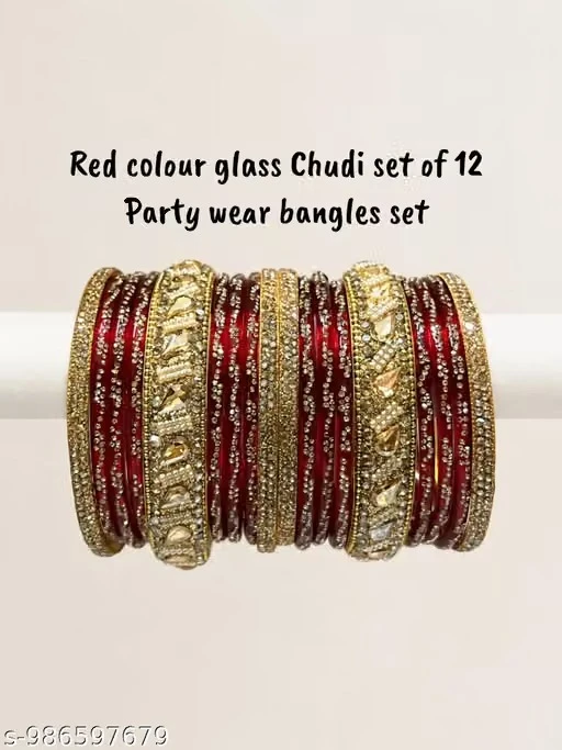 Red colour glass Chudi set of 12 and party wear bangles perfect for women and girls.