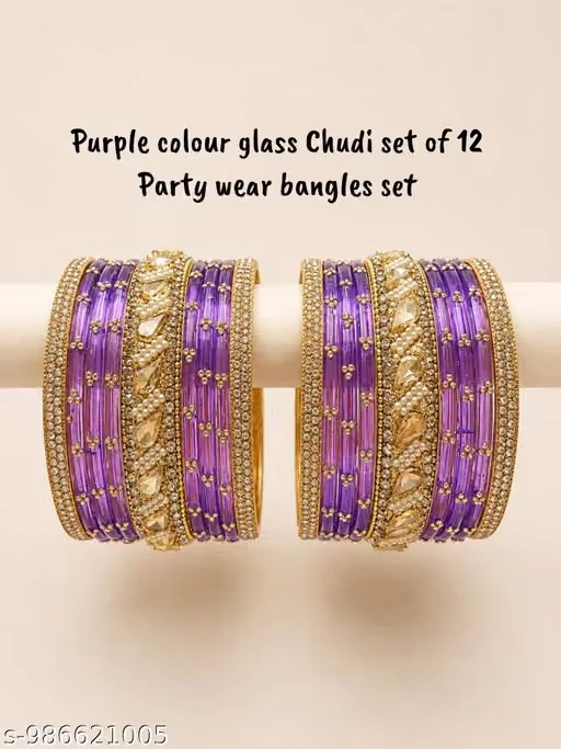Purple colour glass Chudi set of 12 and party wear bangles perfect for women and girls.