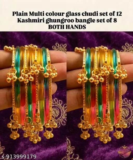 Plain Multicolour glass chudi set of 12 and kashmir Ghungroo bangles set of 8 for a BOTH HANDS.