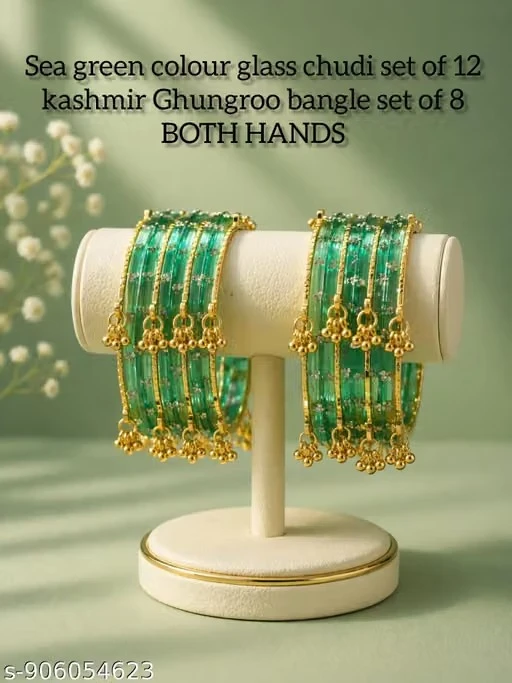 Sea green colour glass chudi set of 12 silver kashmir Ghungroo bangle set of 8 BOTH HANDS
