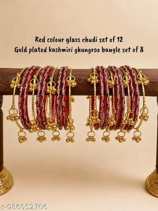 Red colour glass chudi set of 12 and gold plated kashmiri ghungroo bangle set of 12 perfect for women and girls.