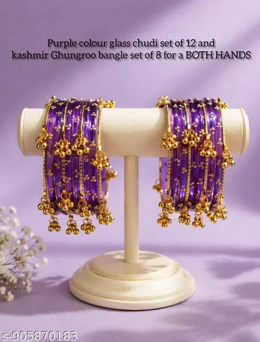 Purple colour glass chudi set of 12 and kashmir Ghungroo bangle set of 8 for a BOTH HANDS.