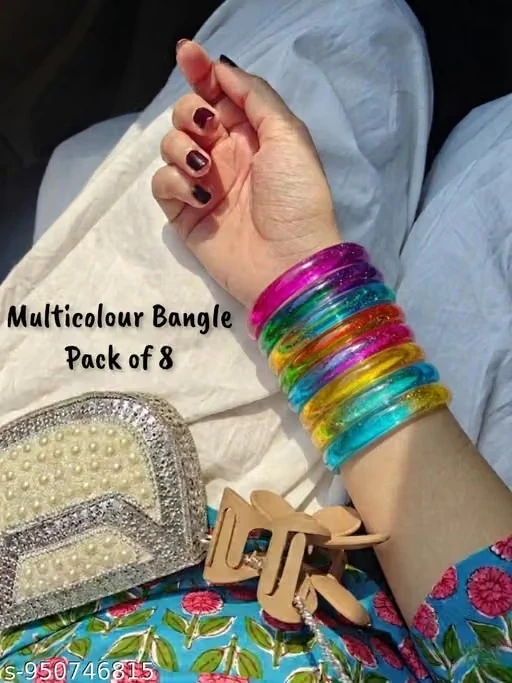 Multi-Color Glass Bangle Set For Women & Girls pack of 8