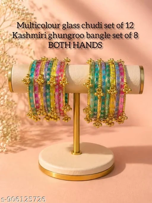 Multicolour glass chudi set of 12 and kashmir Ghungroo bangle set of 8 for a BOTH HANDS