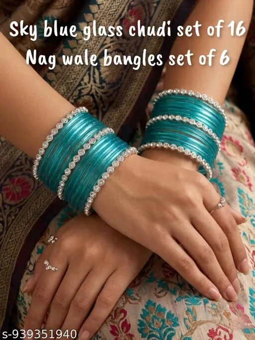 Elegant sky blue colour Glass chudi Set of 16 with Stone Work bangle set of 6 Traditional Nag Wale Chudi for Women & Girls.