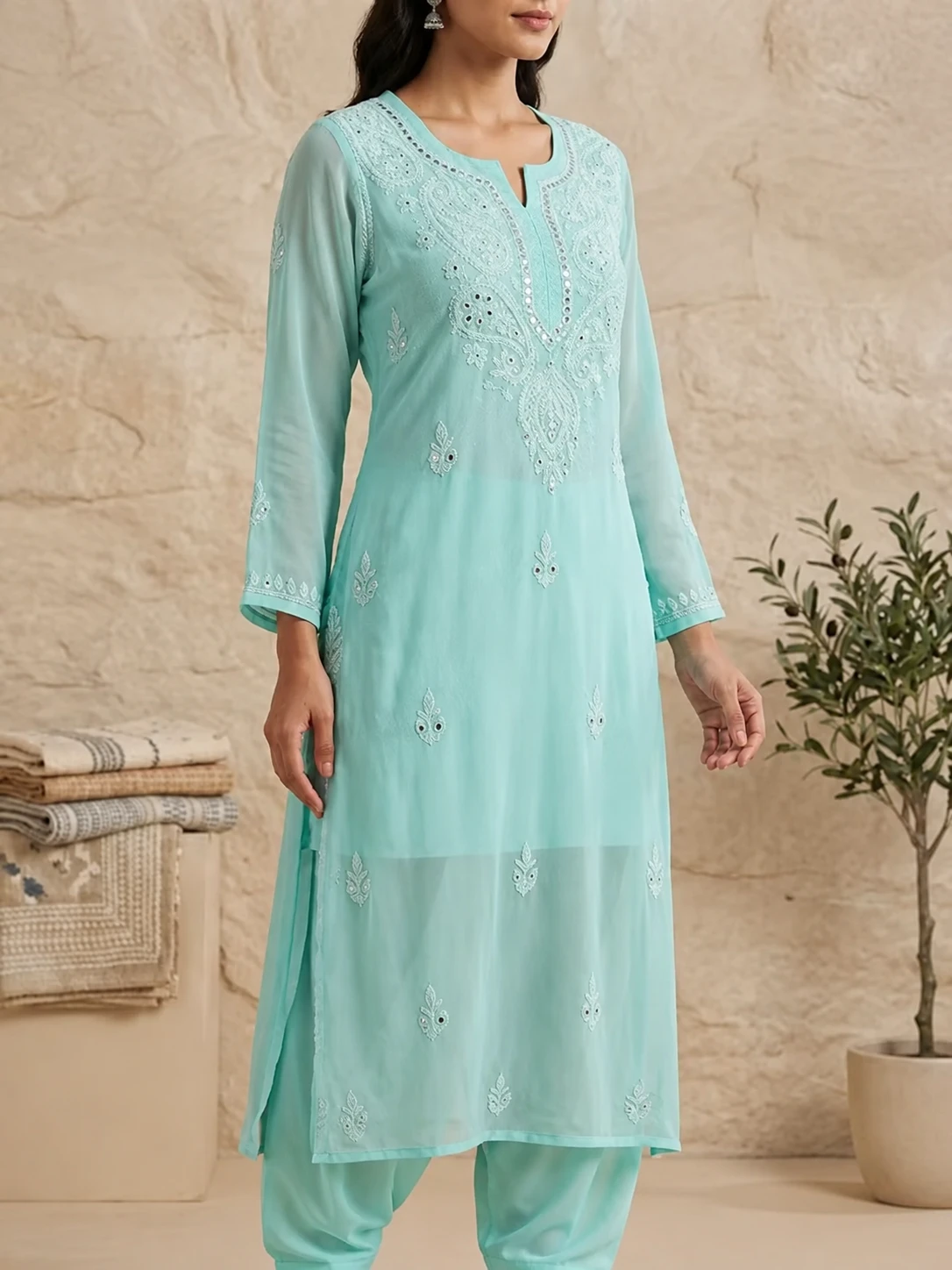 Women's Aqua Blue Embroidered Straight Kurta with matching inner| Elegant Ethnic Wear | Festive & Casual Kurti