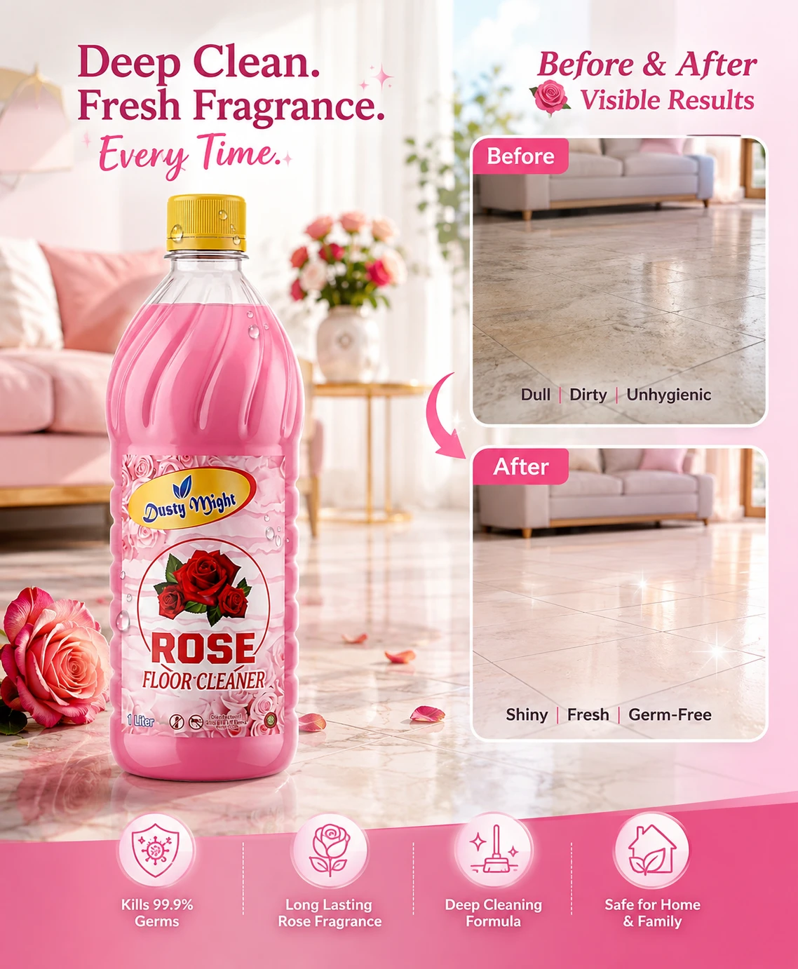 Dusty Might Rose Disinfectant Phenyl | Antibacterial Floor Cleaner for Home | 1 L