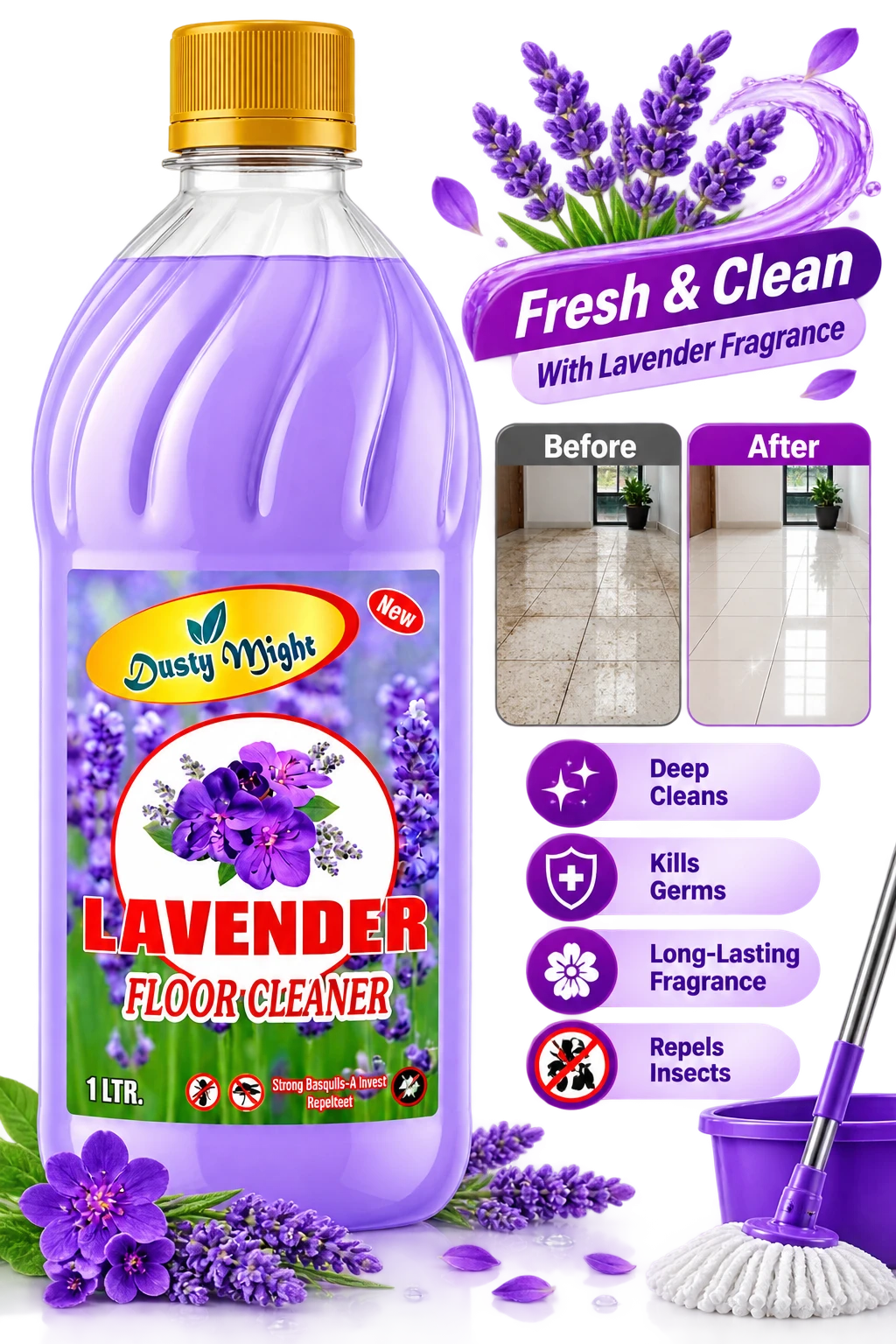 Dusty Might Lavender Disinfectant Phenyl | Antibacterial Floor Cleaner for Home | 1 L