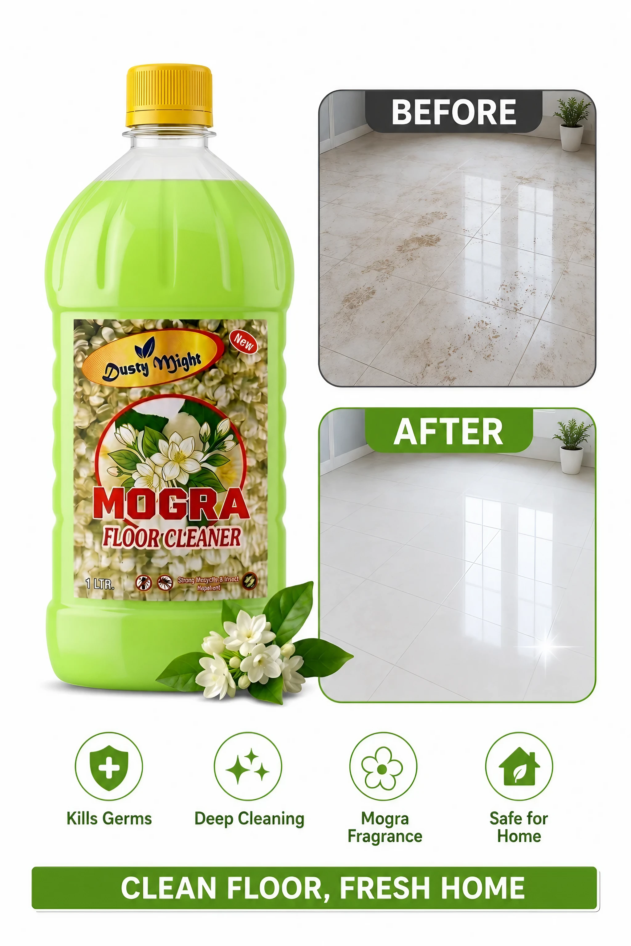 Dusty Might Mogra Disinfectant Phenyl | Antibacterial Floor Cleaner for Home | 1 L