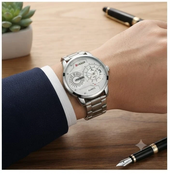 CURREN Premium Silver Stainless Steel Analog Watch for Men & Boys with Unique Dual-Dial Design