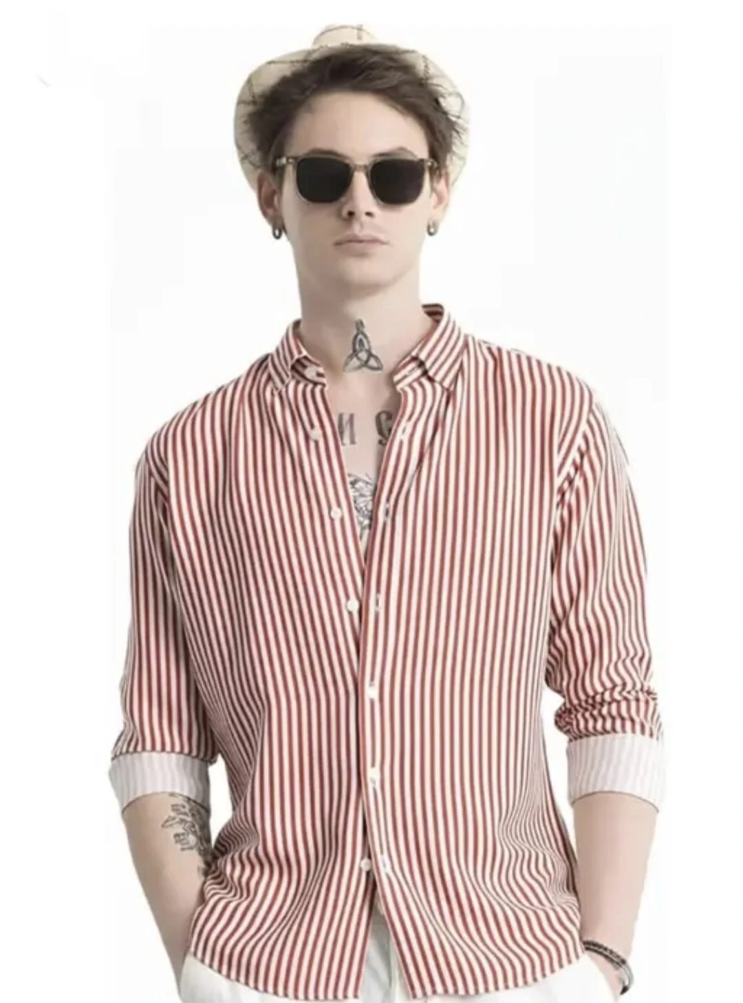 Men's Maroon & White Vertical Striped Full Sleeve Casual Shirt