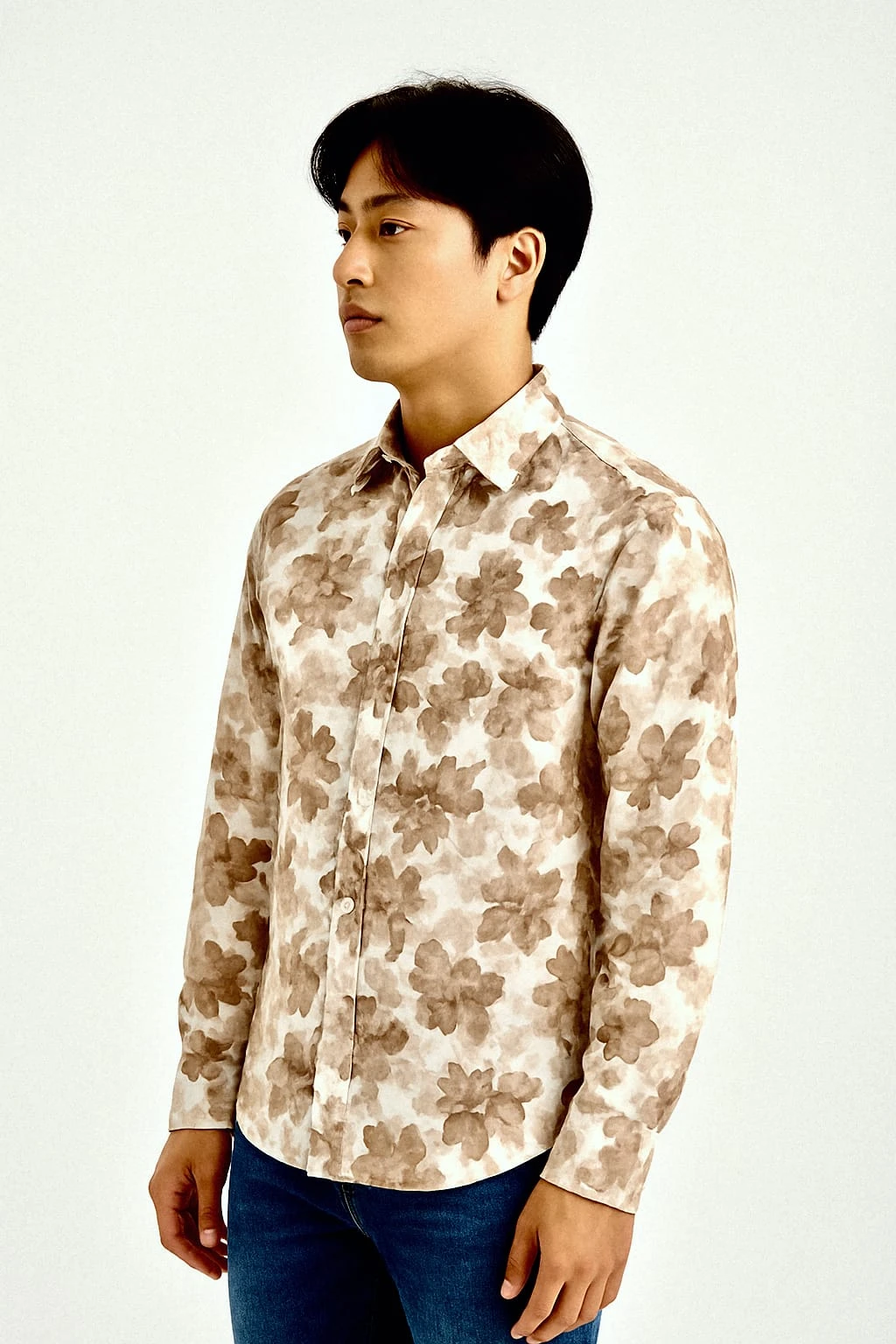 Men's Cream Floral Printed Full Sleeve Casual Shirt