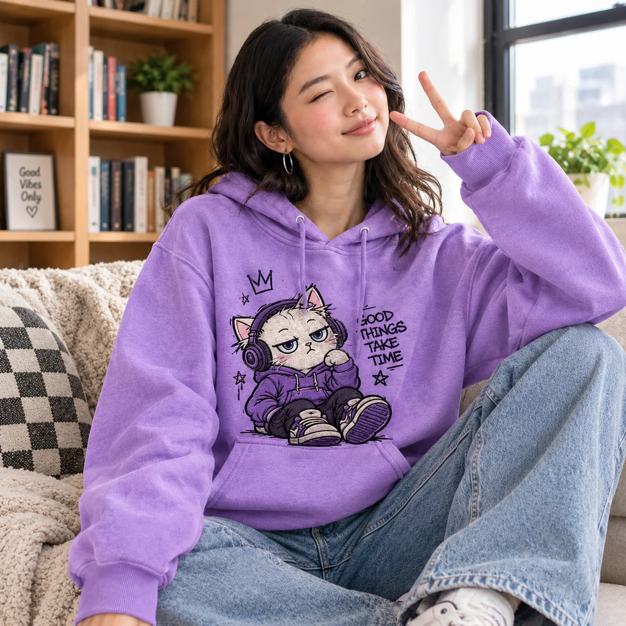 Women’s Purple Graphic Printed Hooded Sweatshirt with Cat Design