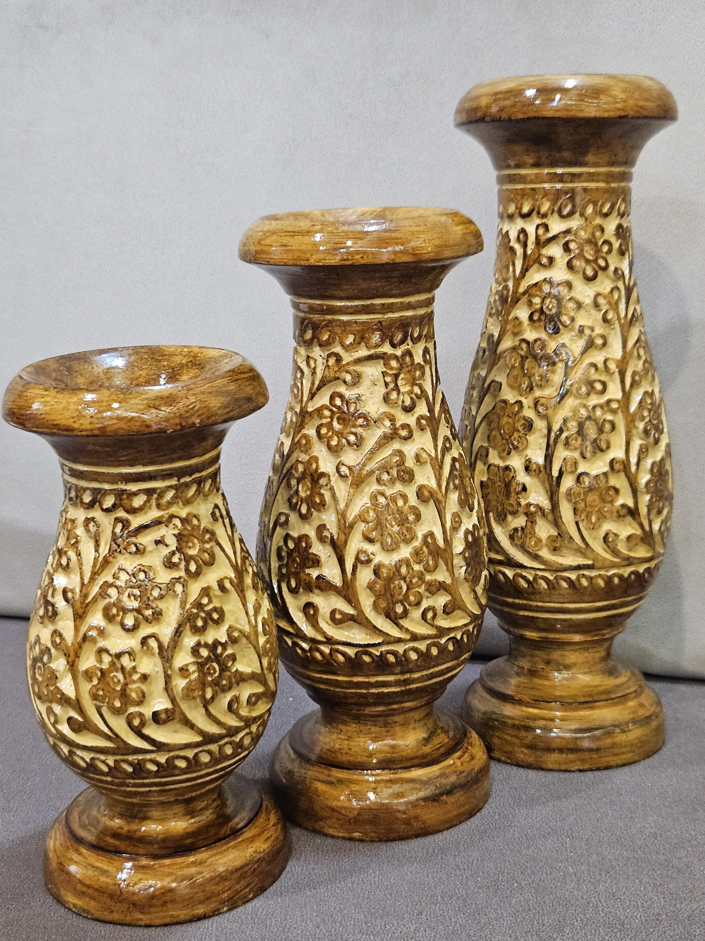 Master Arts Hand Carved Wooden Flower Vase Set of 3 - Antique Decorative Wooden Pot for Living Room Decor | Flower Pot Set 12 Inch, 10 Inch, 8 Inch