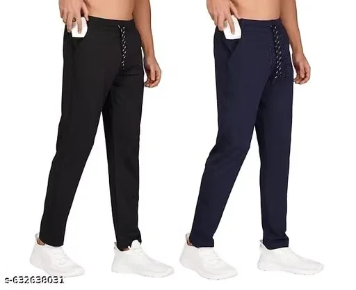 Men's Combo Lycra Polyester Track Pants Black & Blue || Regular Fit Lower for Mens & Boys || Choose The Right Waist Size for The Right Fit || (Pack of 2)