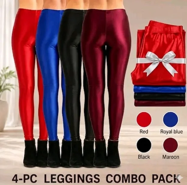 Women's Shiny Metallic Lycra Leggings Combo Pack of 4 | High Waist Stretchable Slim Fit Pants | Pink, Royal Blue, Black & Mustard