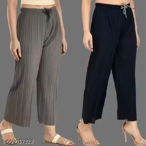 Women's Pleated Palazzo Pants | Elastic Waist Straight Fit Casual Trousers | Comfortable Daily Wear