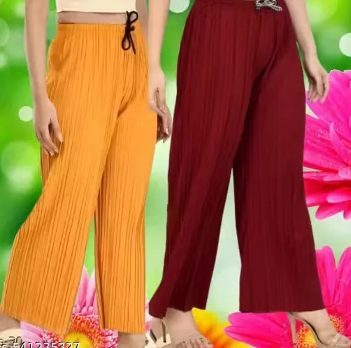 Women's Pleated Palazzo Pants Combo Pack of 2 | Elastic Waist Wide Leg Casual Trousers | Daily Wear Bottoms