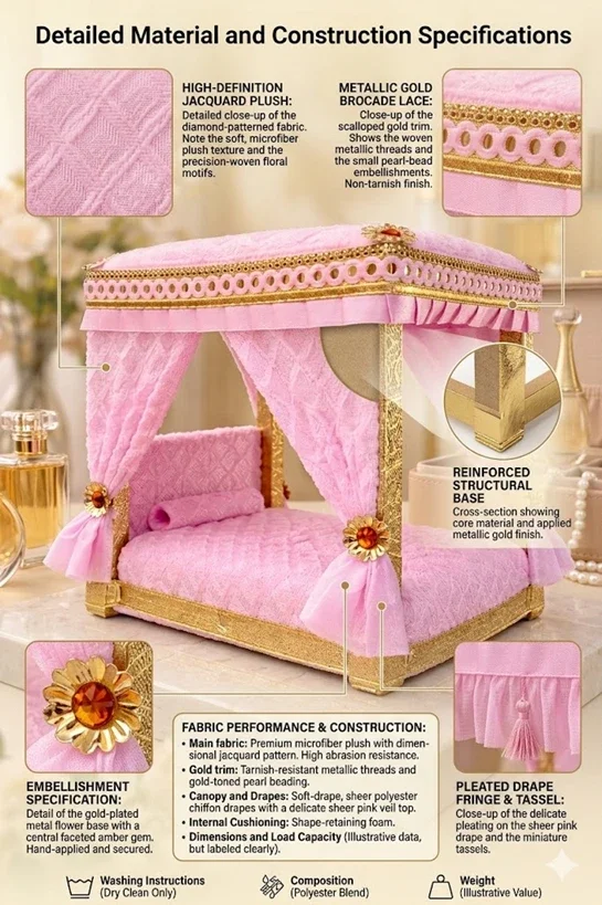 Wooden Bed Suitable for 0-3 No. Pink Color ,laddu Gopal ji, Krishna ji, Thakur ji, Kanha ji. Bed By ASREET COLLECTION