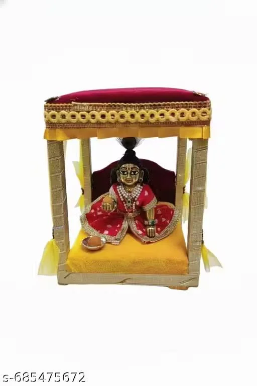 NEW LATEST ATTRACTIVE BED/SIHASAN FOR BHAGWAN JI/KANHA JI/LADDO GOPAL JI/SHANKAR BHAGWAN JI - SIZE 0-3 NUMBER KANHA JI BY SIKRI COLLECTION (YELLOW MEHROON) VELVET C