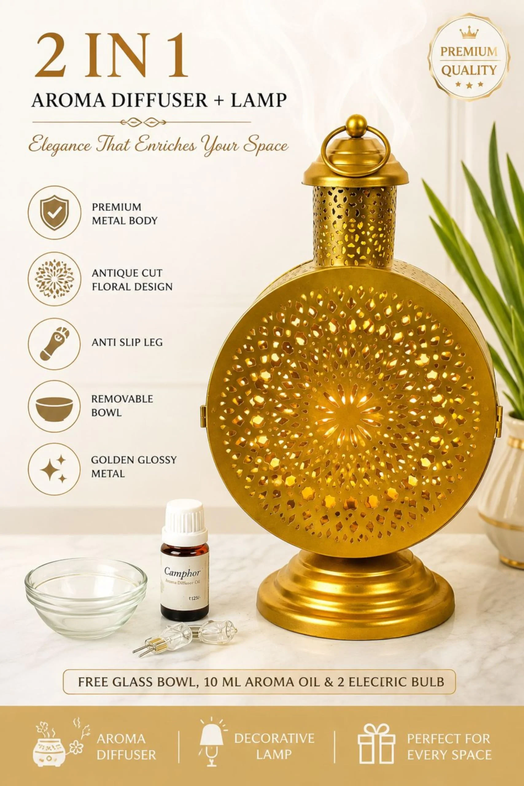 Decorative Electric Moroccan Style,Aroma Oil Burner (Diffuser) for Home Fragrance with 10ml Aroma Oil_ R 1993 Golden