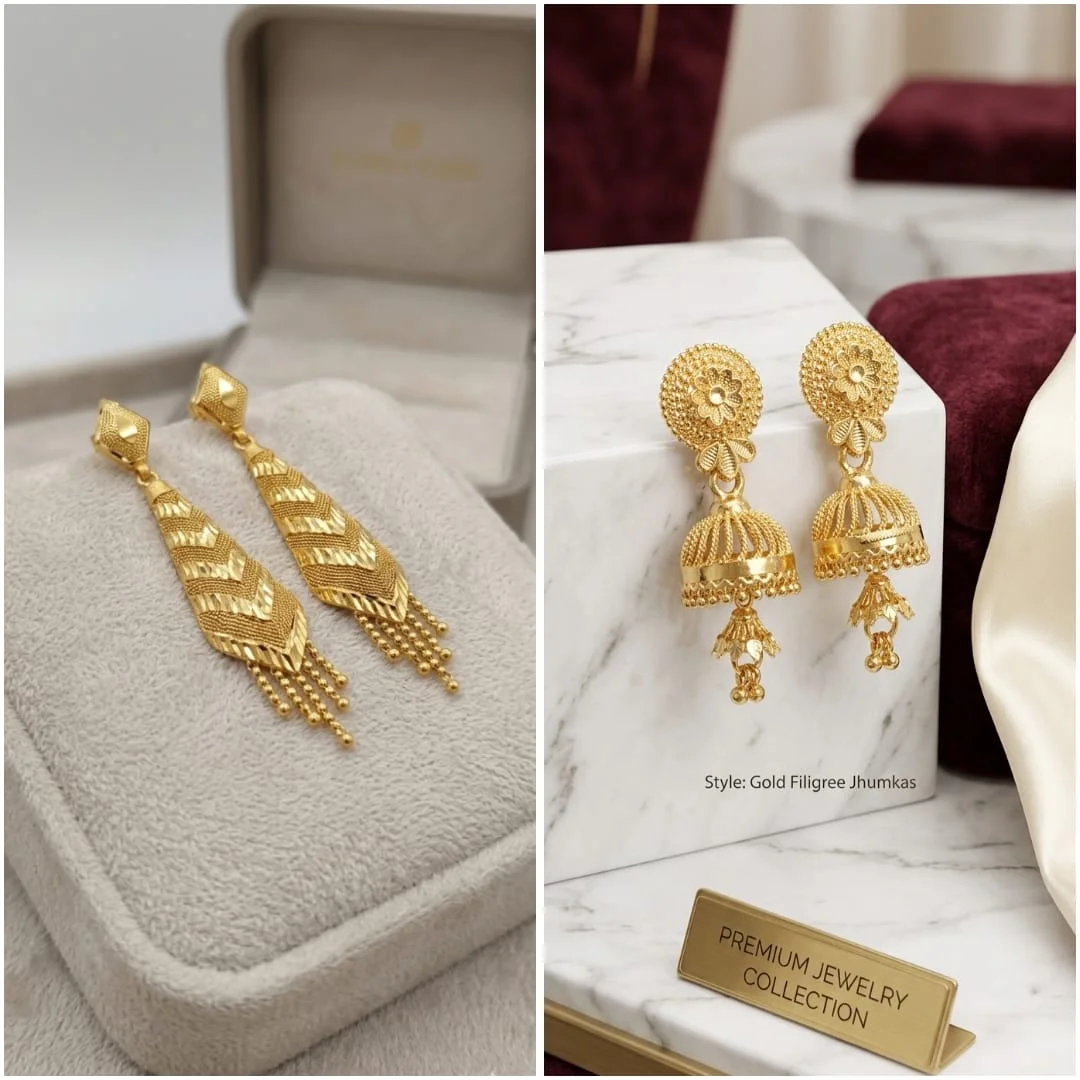 Gold Filigree Jhumka Earrings – Traditional Long Drop Jhumki for Women