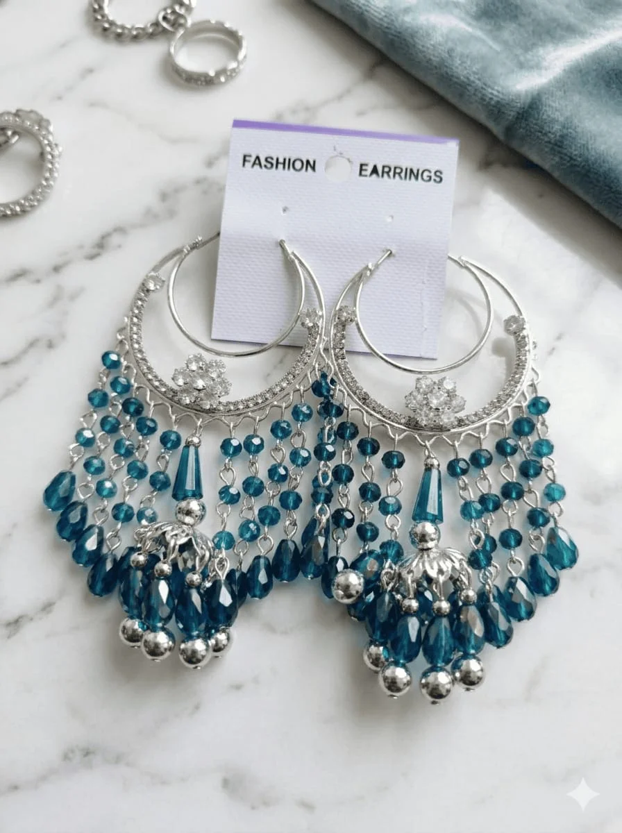 Blue Beaded Chandbali Earrings – Silver Tone Crystal & Bead Drop Earrings