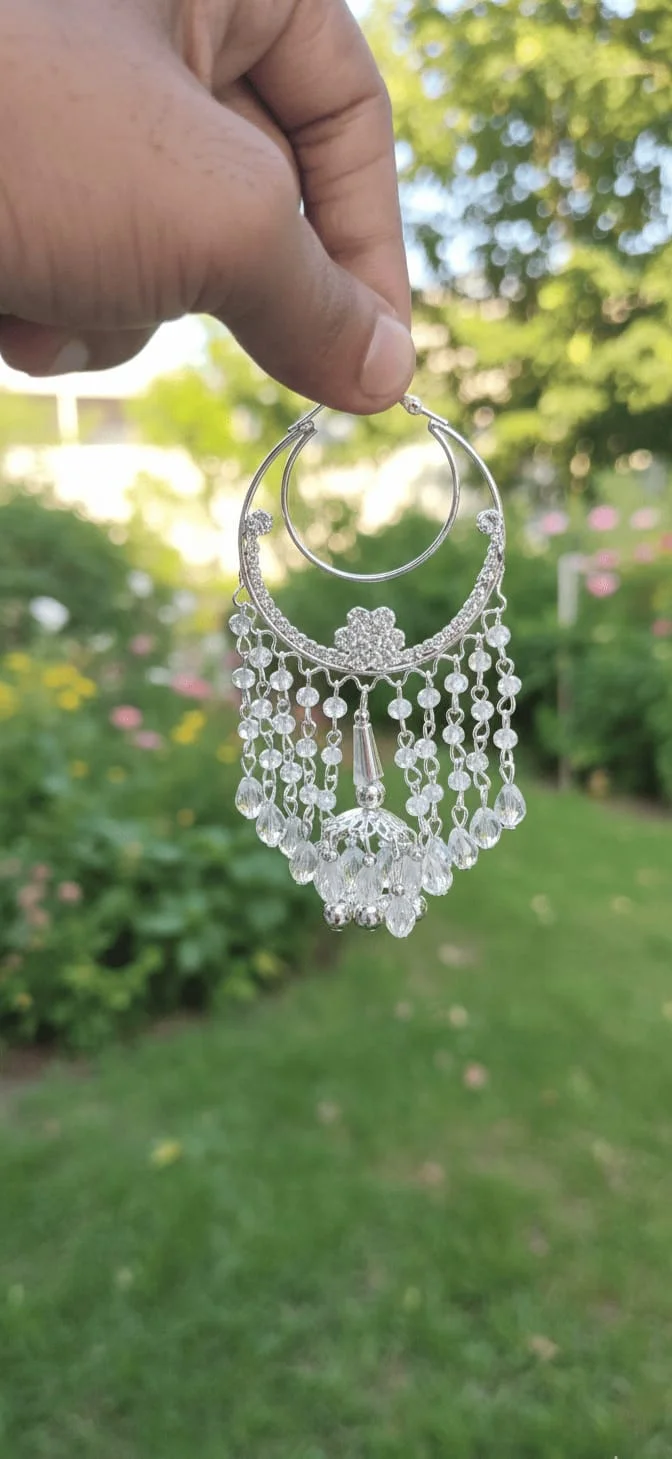 Silver Crystal Chandbali Earrings with Beaded Jhumka Drop – Elegant Statement Jewellery