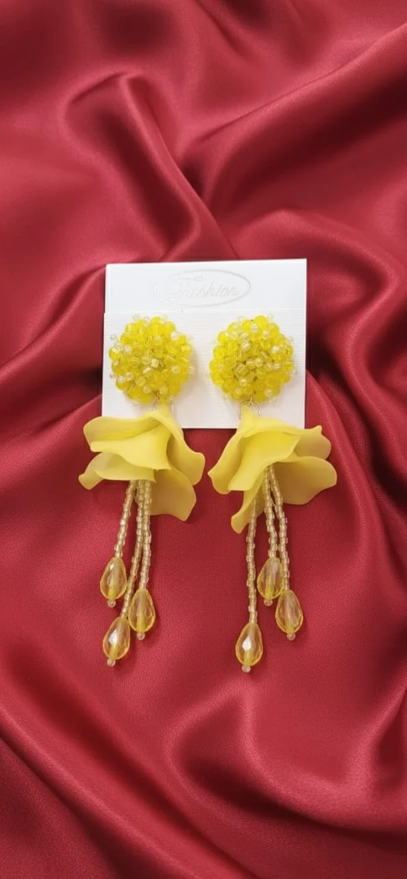 Floral Beaded Drop Earrings with Layered Petal Design – Elegant Statement Jewellery