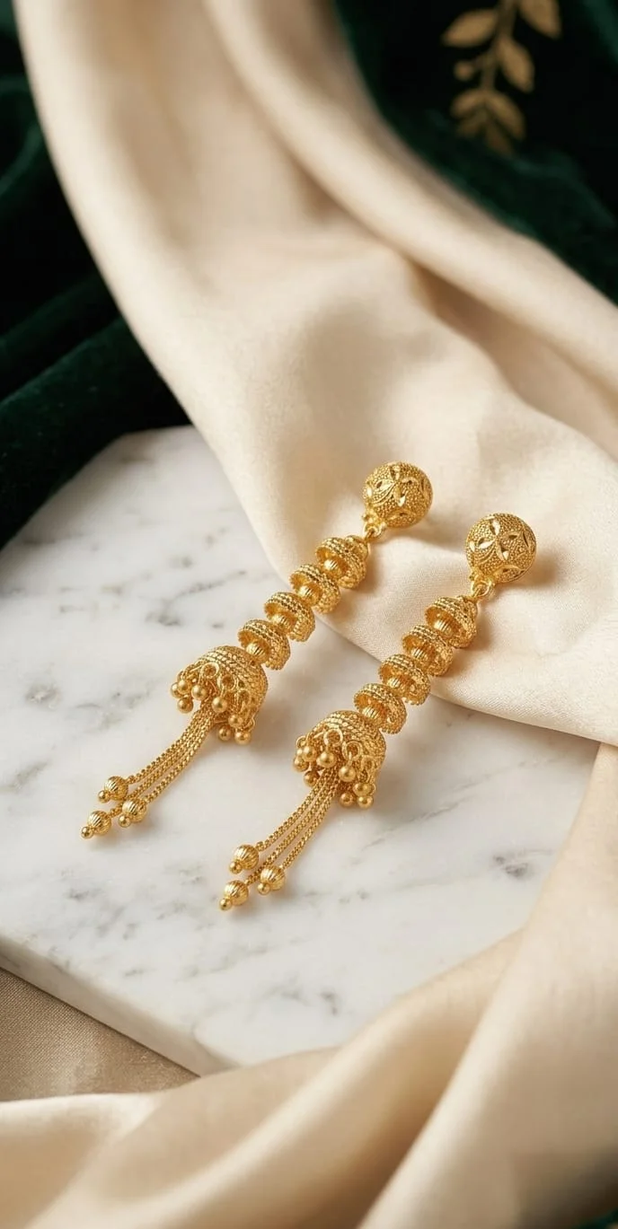 Long Designer Jhumka Earrings with Filigree Dome & Beaded Tassel Drops