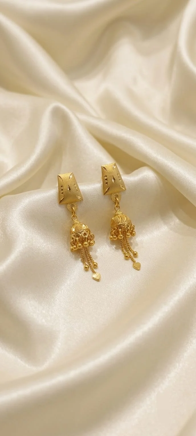 Gold Tone Jhumka Earrings with Dome Design & Delicate Tassel Drops