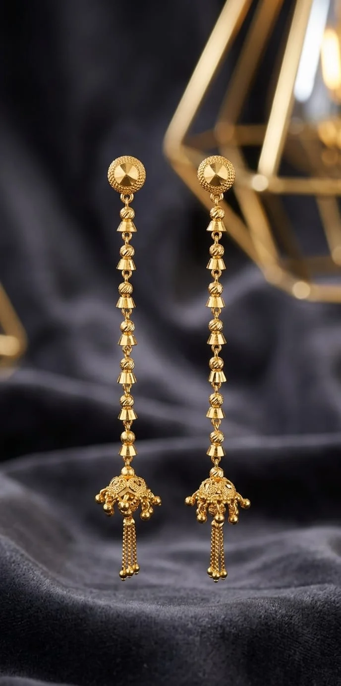 Long Designer Jhumka Earrings with Intricate Dome & Beaded Tassel Drops
