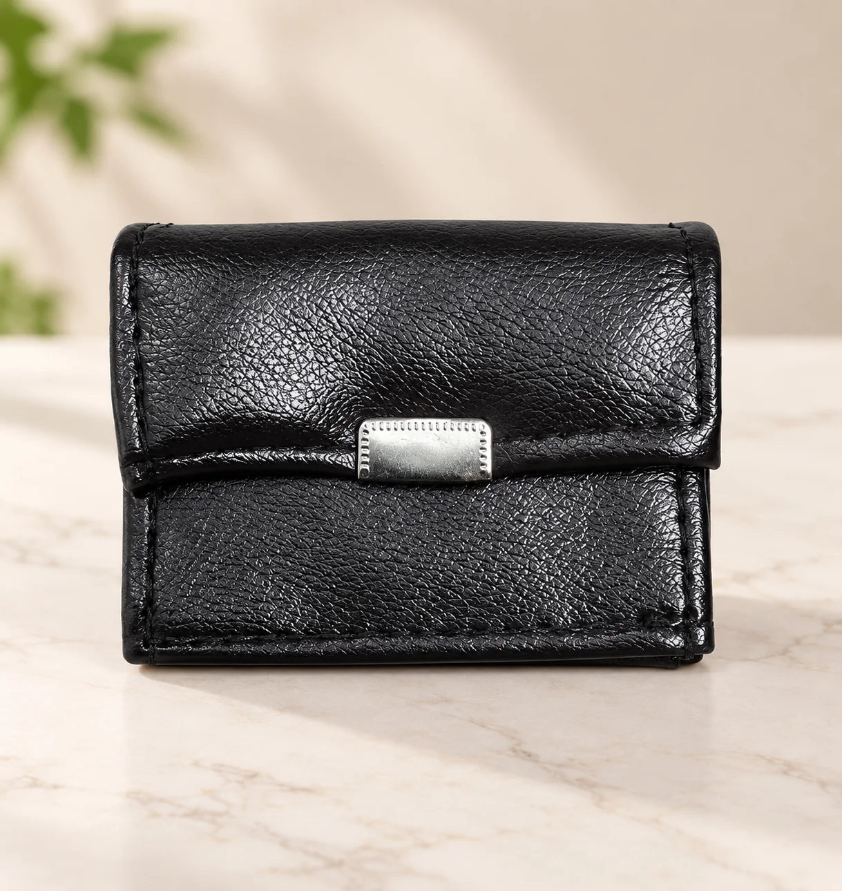 Woman's Black Leather Wallet with Dual Zipper Compartments & Snap Closure