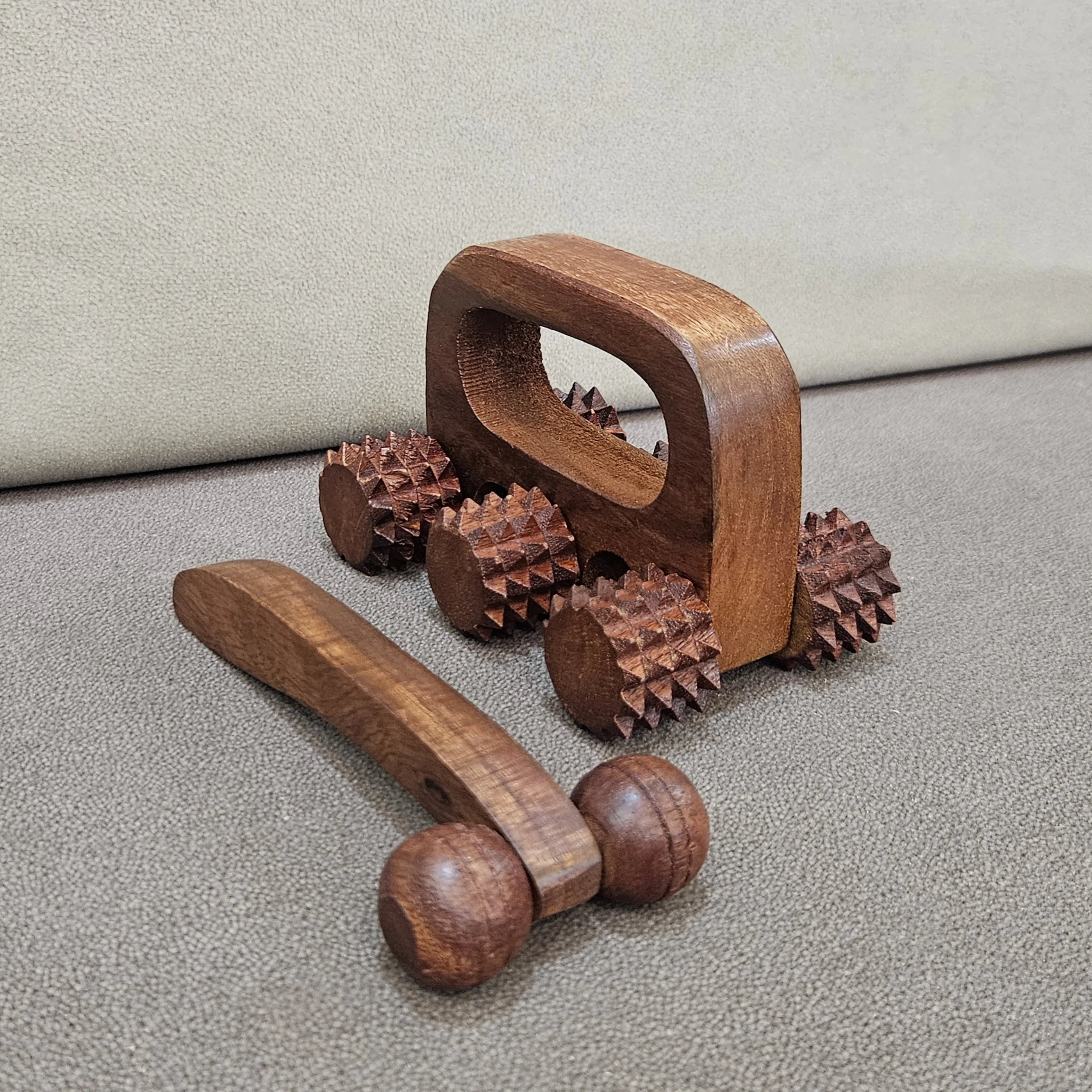 Master Arts Rosewood Acupressure Massager Combo | 6-Roller Body Massager + 2-Roller Face Massager for De-puff and Uplift skin.