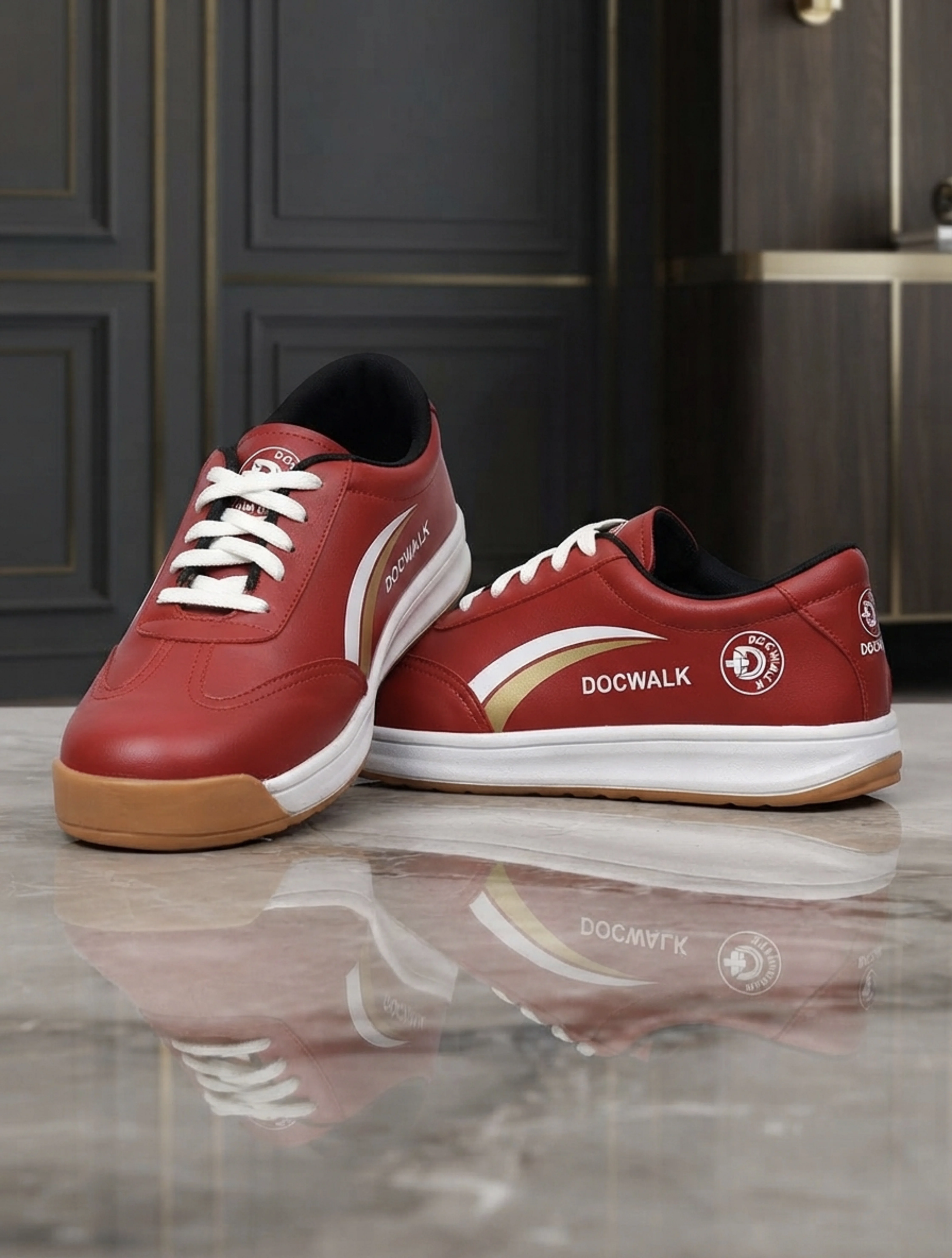 Men's Red Casual Sneakers | Lace-Up Stylish Sports Shoes with White & Golden Sole