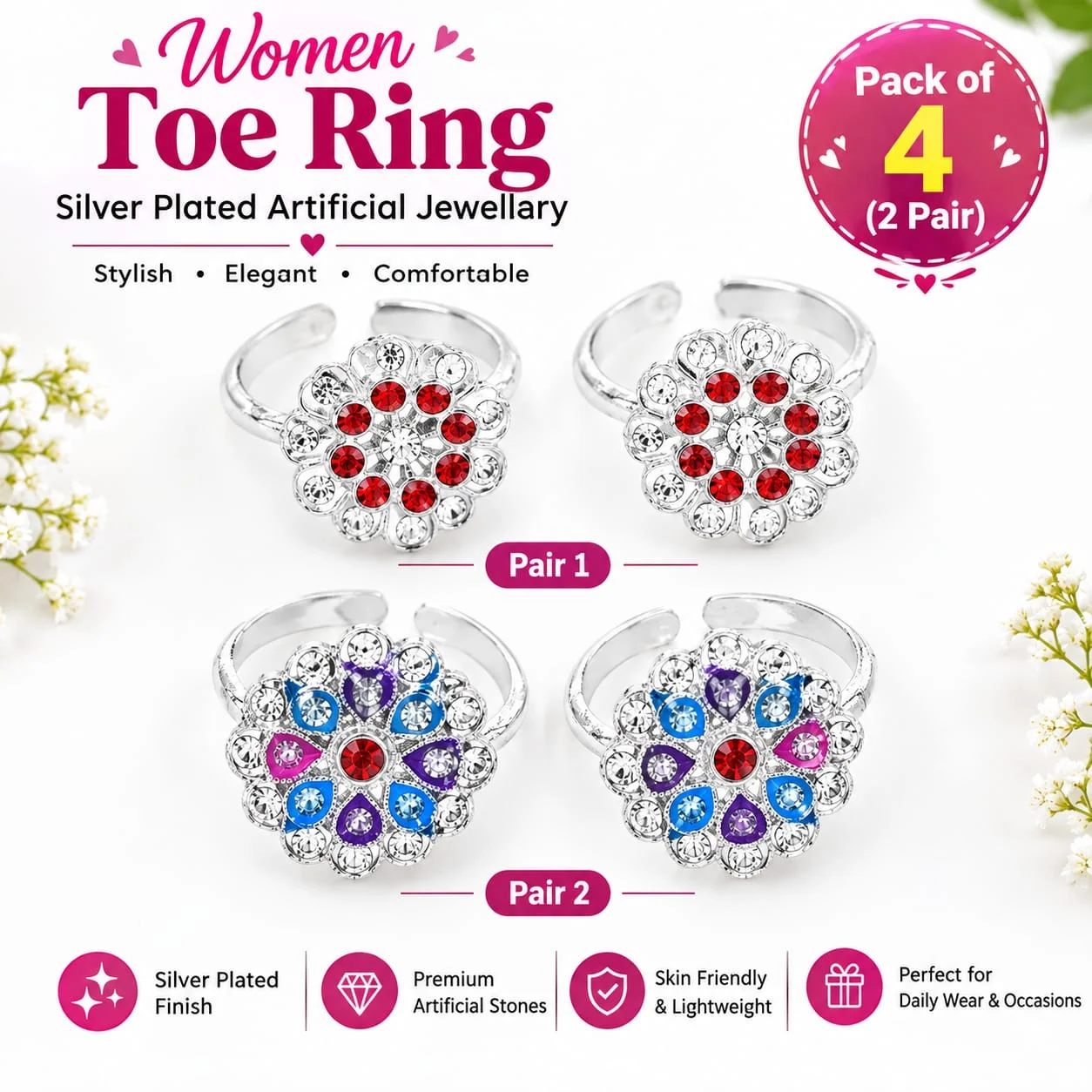 Women’s Silver Plated Toe Rings – Artificial Stone Floral Design, Pack of 2