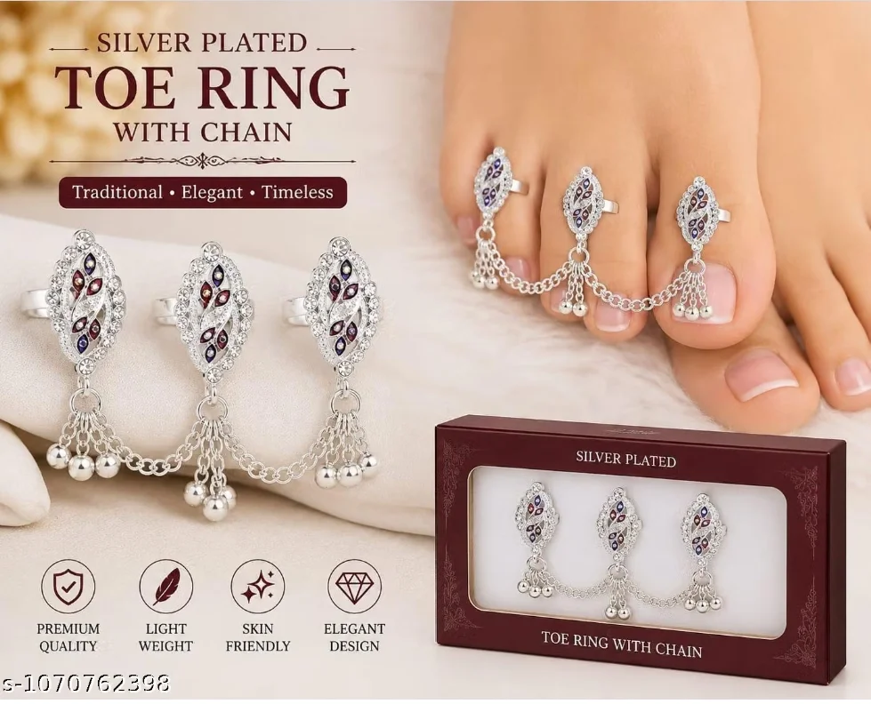 Women’s Silver Plated Toe Ring with Chain – Stylish Floral Stone Design
