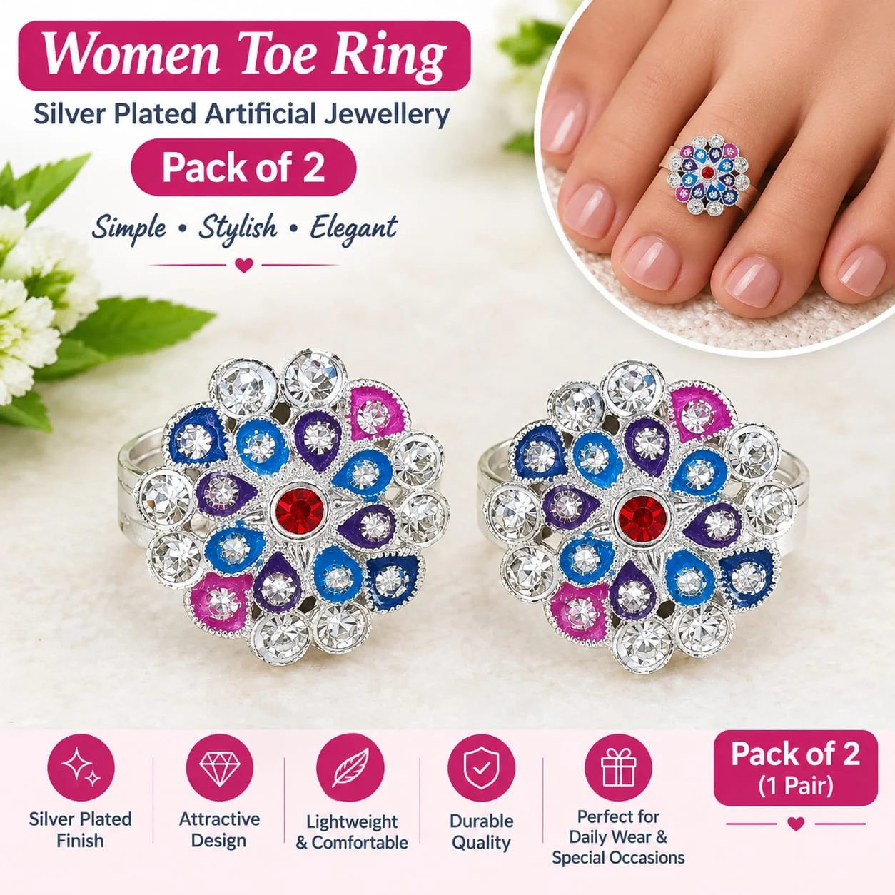Women’s Silver Plated Toe Ring – Multicolor Floral Stone Design, Pack of 2