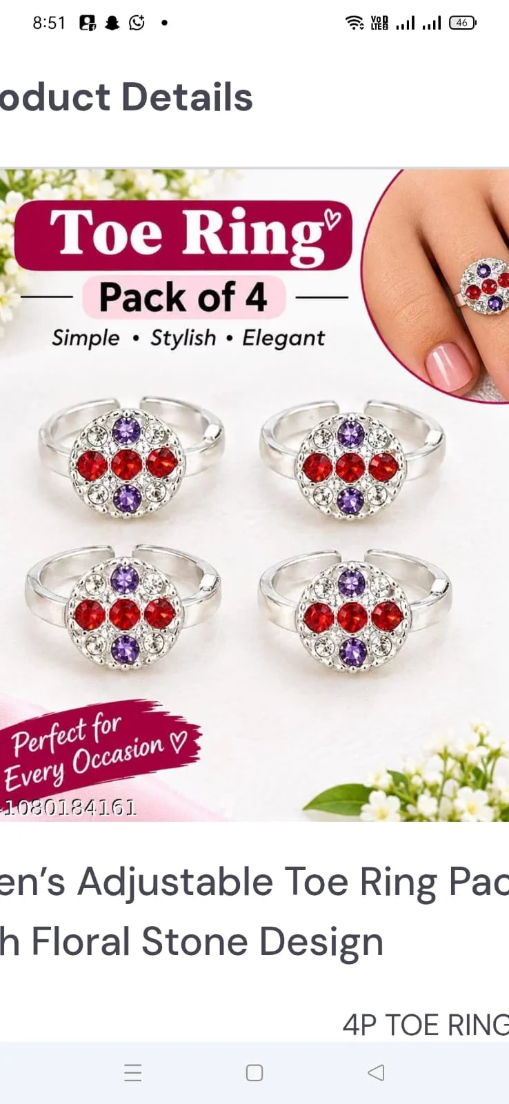 Women’s Silver Plated Toe Ring – Multicolor Floral Stone Design, Pack of 2