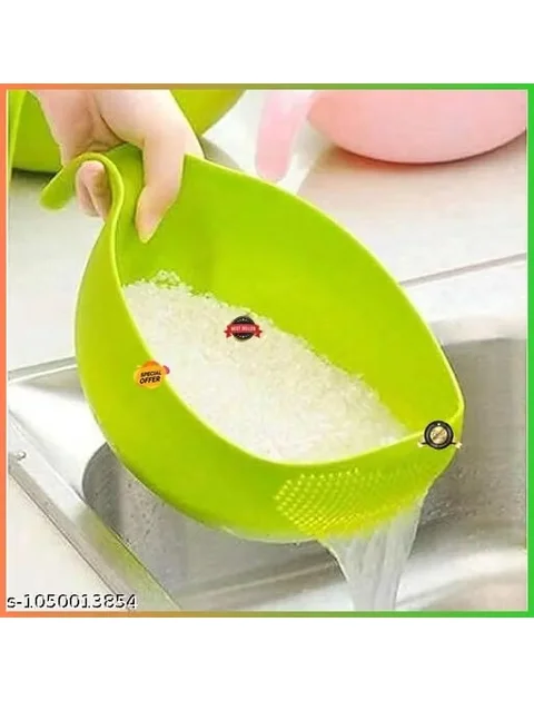 Deal Plastic Rice Washing Bowl with Strainer, Green, 11x6x5 inch, Kitchen Colander with Handle