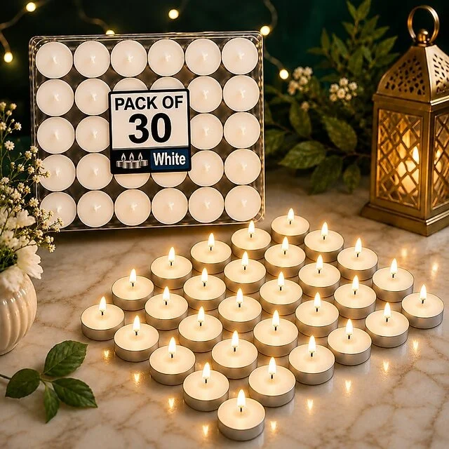 ESP White Tea Light Candles, Smokeless 2-Hour Burning Candles, Pack of 30