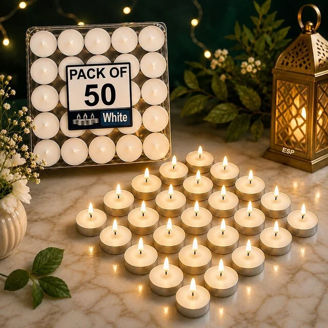 Unique Bazar White Tealight Candles for Home Decoration, Unscented Wax Candles, Pack of 50