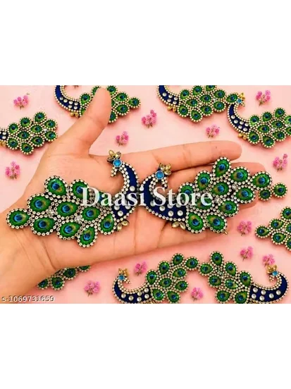 Pack of 4 Resin Peacock Feather Patches with Rhinestones for Dress, Poshak & DIY Crafts