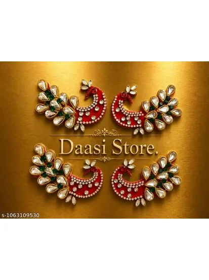 Pack of 4 Red Peacock Kundan Velvet Fabric Patches for Saree, Blouse & DIY Decoration