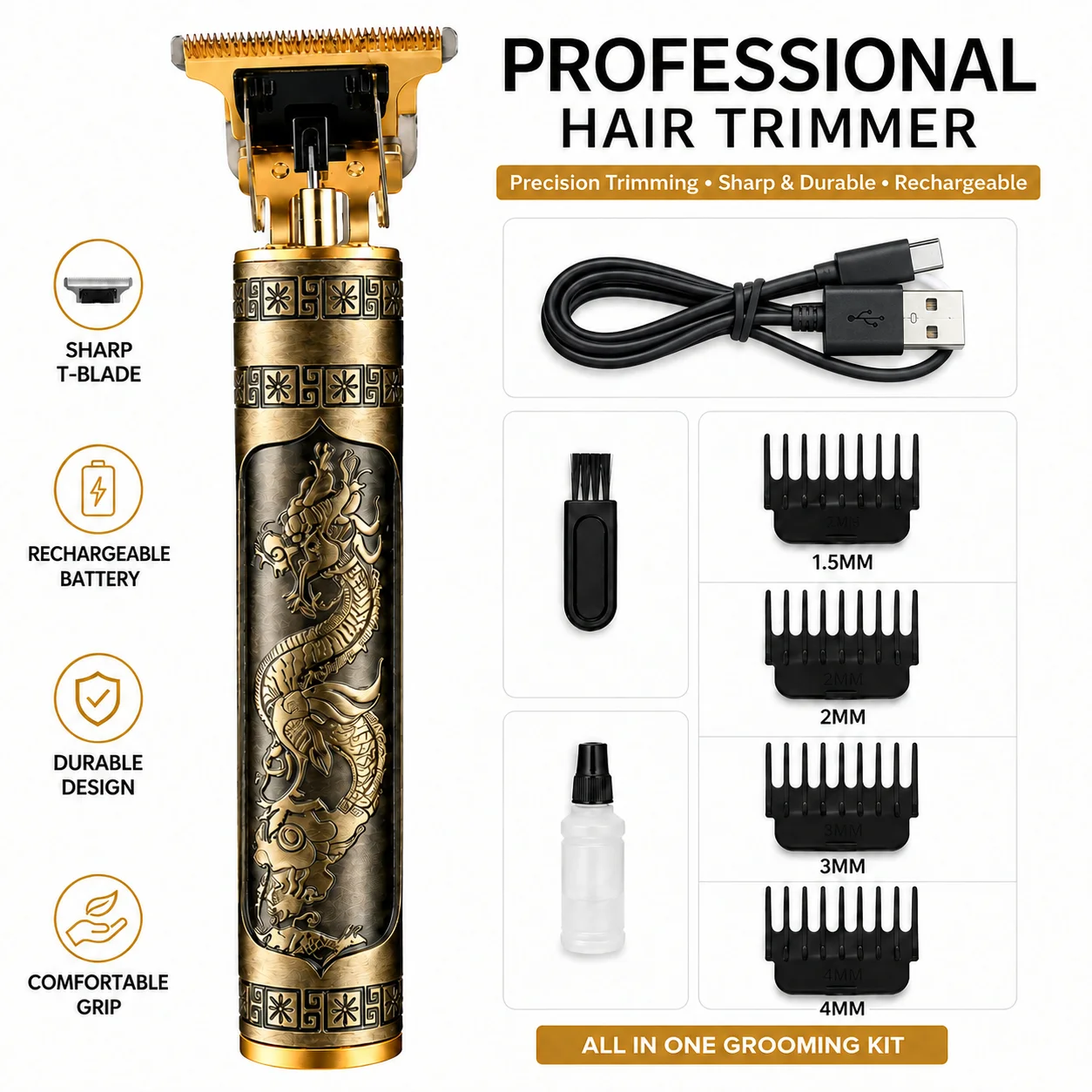 Vintage Professional Hair Trimmer for Men | Design T-Blade | Cordless Rechargeable Grooming Machine